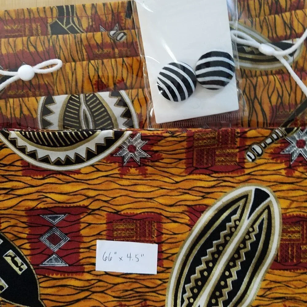 Hand Crafted Ankara Head Wrap Mask and Earrings Burgundy Gold Black 3-pieces